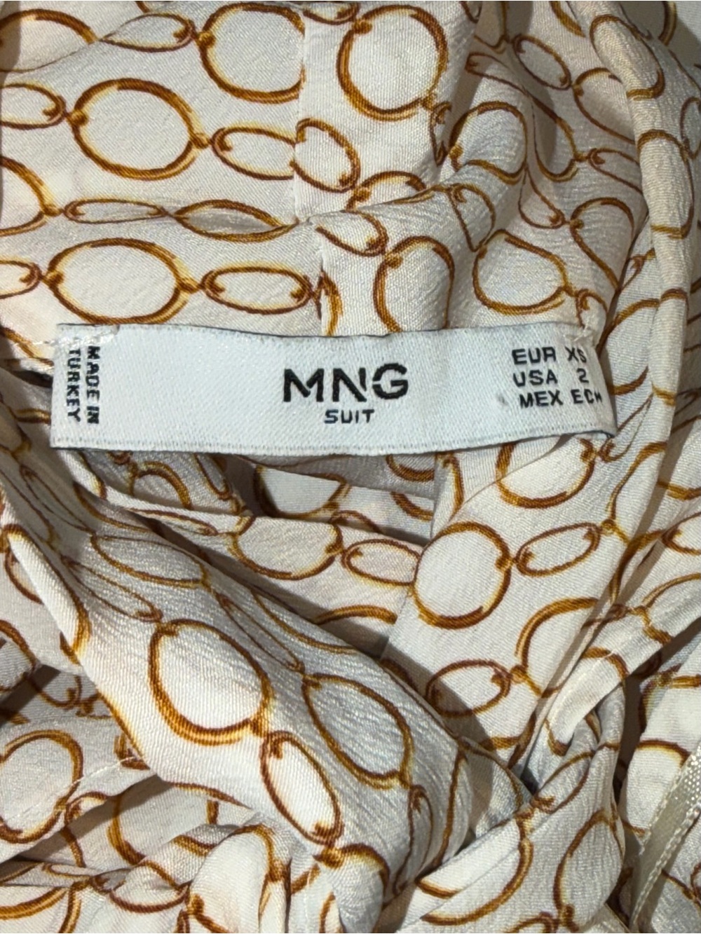 MNG by MANGO Bow Front Tie Chain Link Print Ling Sleeve Blouse Top Women’s Sz 2 - Picture 12 of 14